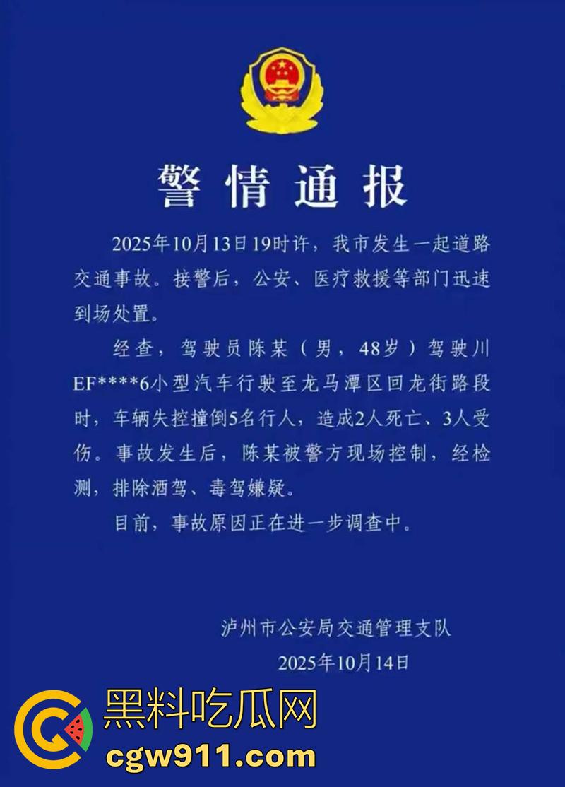 四川泸州龙马潭区，发生严重交通事故，小型汽车通过路口后加速撞向人行道，撞倒5名行人，导致2人当场死亡。-1